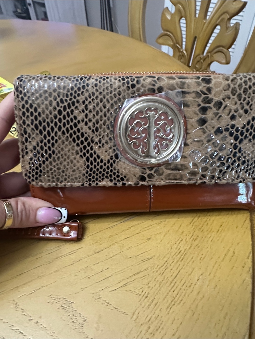 Snake-Embossed Foldover Wallet Clutch in Brown
